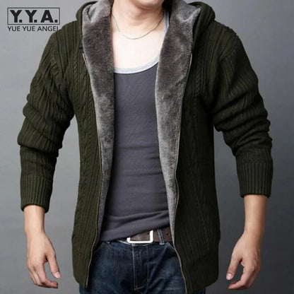 New Arrival Mens Cardigans Sweaters Casual Hooded Zipper Mens Sweaters Winter Warm Thicken Fur Lining Hombre Knitwear