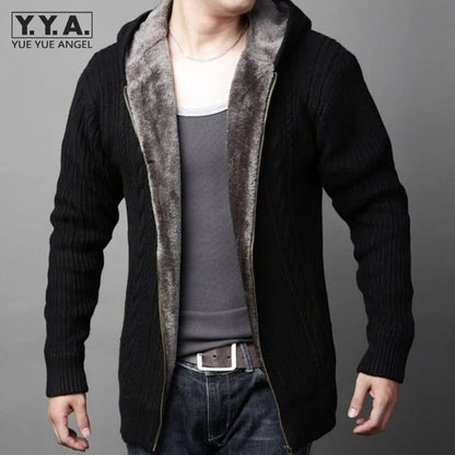 New Arrival Mens Cardigans Sweaters Casual Hooded Zipper Mens Sweaters Winter Warm Thicken Fur Lining Hombre Knitwear