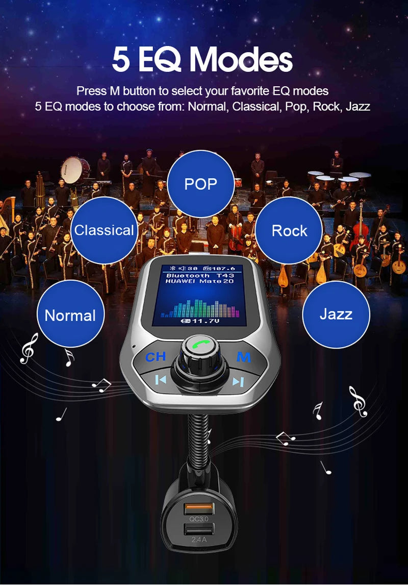 1.8 inch Color Display Bluetooth-compatible Handsfree Car Kit 3 USB Port QC3.0 Car Charger FM Transmitter Car MP3 Music Player