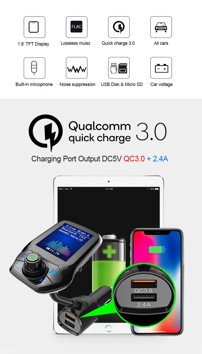 1.8 inch Color Display Bluetooth-compatible Handsfree Car Kit 3 USB Port QC3.0 Car Charger FM Transmitter Car MP3 Music Player