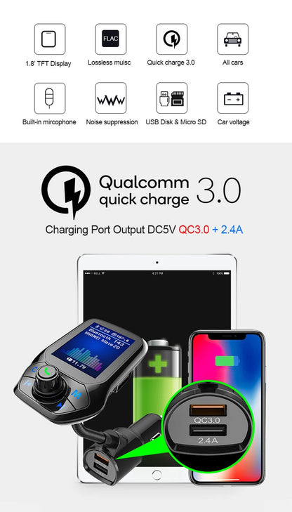 1.8 inch Color Display Bluetooth-compatible Handsfree Car Kit 3 USB Port QC3.0 Car Charger FM Transmitter Car MP3 Music Player
