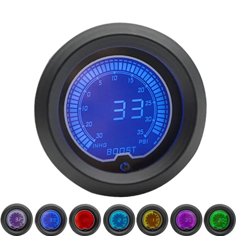 52mm Boost/Water temp/Oil temp/Volt/Tachometer/EGT/Air fuel ratio/Oil pressure Gauge LCD Digital 7 Color Display + Gauge Pods