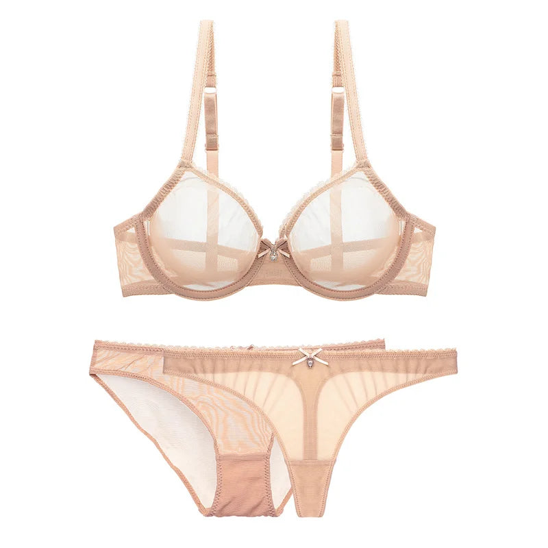 Women mesh sheer bra underwear set transparent unlined bra 2 panties plus size lingerie set for ladies