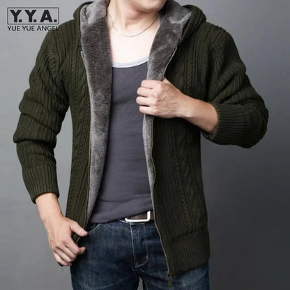 New Arrival Mens Cardigans Sweaters Casual Hooded Zipper Mens Sweaters Winter Warm Thicken Fur Lining Hombre Knitwear