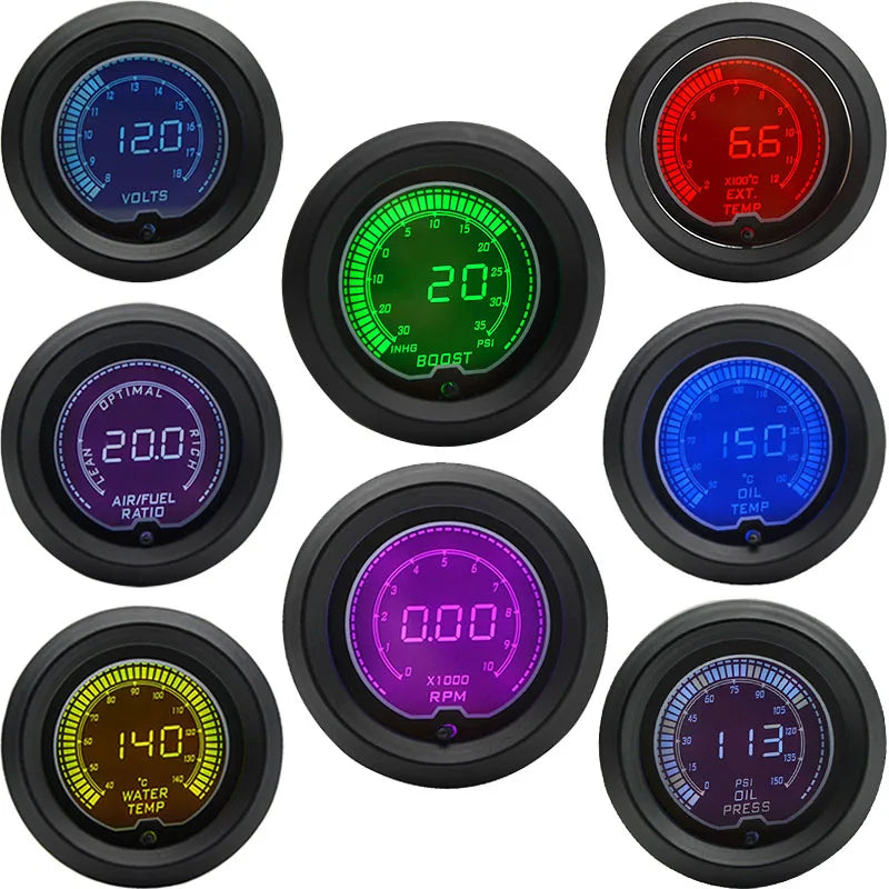 52mm Boost/Water temp/Oil temp/Volt/Tachometer/EGT/Air fuel ratio/Oil pressure Gauge LCD Digital 7 Color Display + Gauge Pods