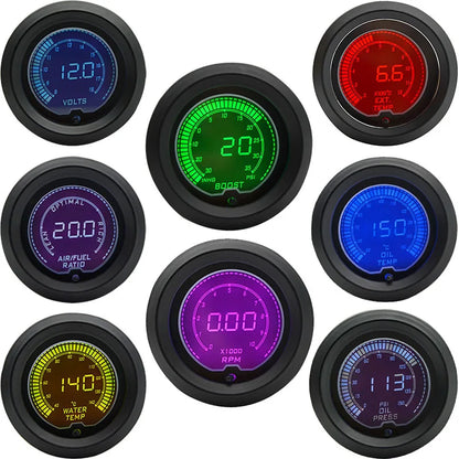 52mm Boost/Water temp/Oil temp/Volt/Tachometer/EGT/Air fuel ratio/Oil pressure Gauge LCD Digital 7 Color Display + Gauge Pods