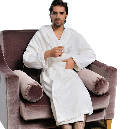 Hooded Bathrobe Men 100% Cotton Hooded  Women Sleepwear Nightgown Towel Fleece Thick Long Soft Autumn Winter White Home Hotel