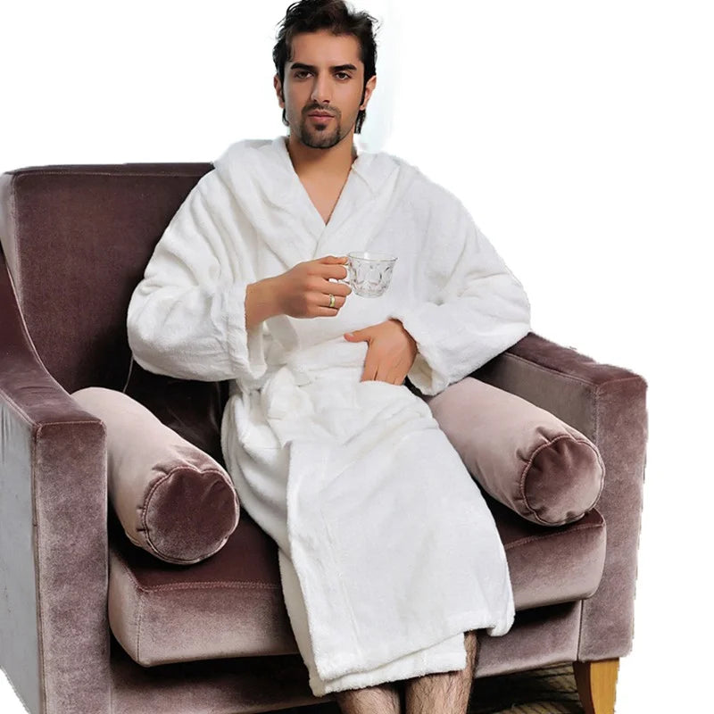 Hooded Bathrobe Men 100% Cotton Hooded  Women Sleepwear Nightgown Towel Fleece Thick Long Soft Autumn Winter White Home Hotel