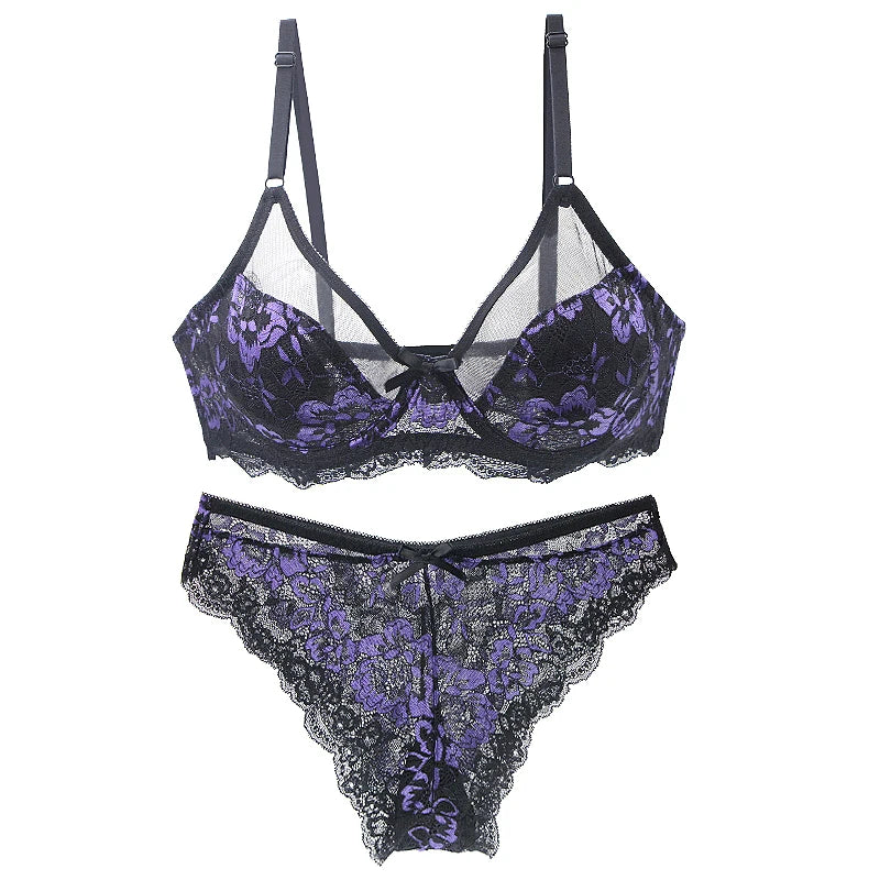 Women Ultra-thin BCDE Cup Mesh Lace Underwear Transparent Bra Sets Beauty Back Hollow Embroidery Female Lingerie