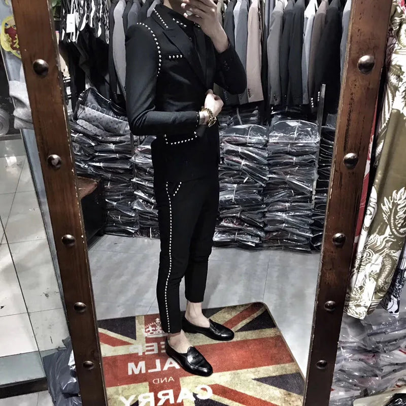 Suit Jacket Set Men England Style Black Single Breasted Slim Fit Blazer Pants Two Piece Set Fashion Night Club Rivets Coat