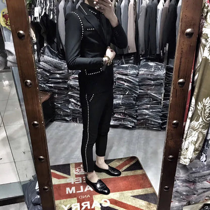 Suit Jacket Set Men England Style Black Single Breasted Slim Fit Blazer Pants Two Piece Set Fashion Night Club Rivets Coat