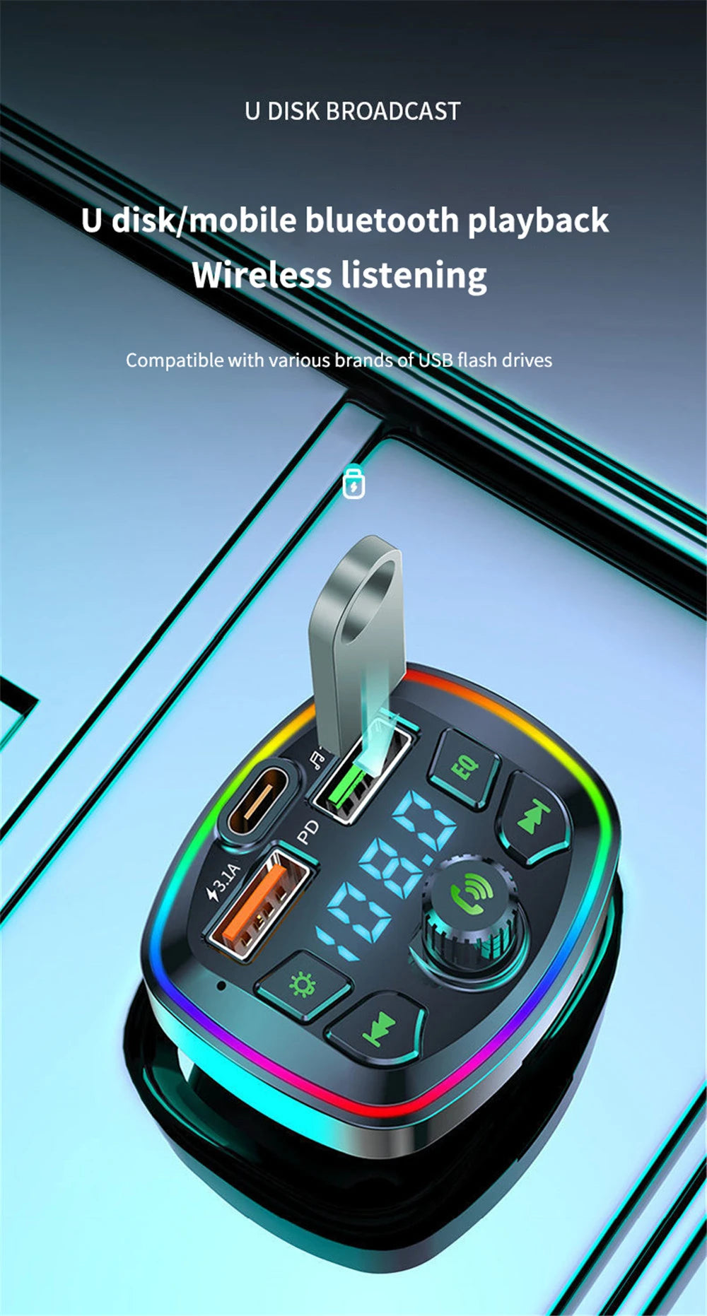 Car Bluetooth 5.0 FM Transmitter PD 18W Type-C Dual USB 4.2A Fast Charger LED Backlit Atmosphere Light MP3 Player Lossless Music