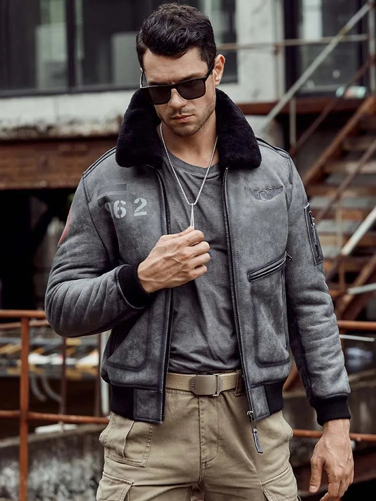 Denny&Dora Men's Grey Leather Shearling Bomber Jacket B6 Natural Sheepskin Fur Overcoat Men's Outerwear