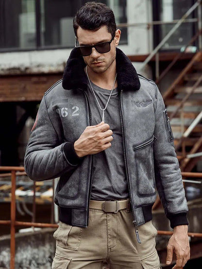 Denny&Dora Men's Grey Leather Shearling Bomber Jacket B6 Natural Sheepskin Fur Overcoat Men's Outerwear