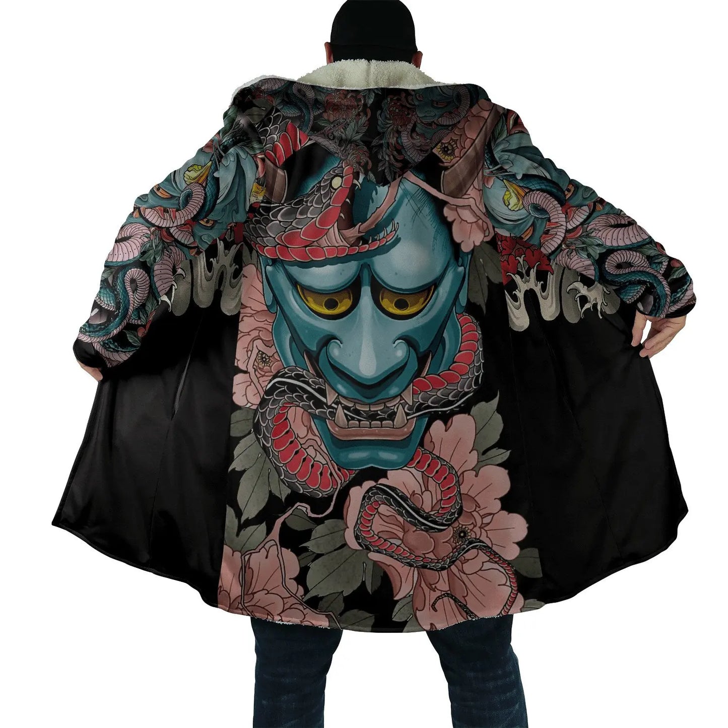 Drop shipping Winter Mens Cloak Samurai Oni Mask Tattoo 3D Printing Fleece Hooded cloak Unisex Casual Thick Warm Cape coat PF31