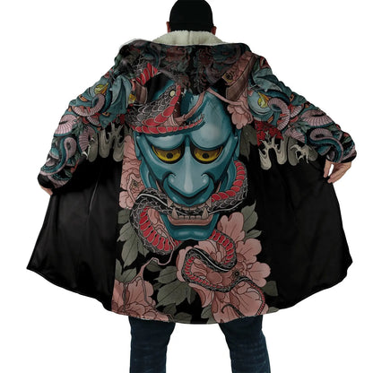 Drop shipping Winter Mens Cloak Samurai Oni Mask Tattoo 3D Printing Fleece Hooded cloak Unisex Casual Thick Warm Cape coat PF31