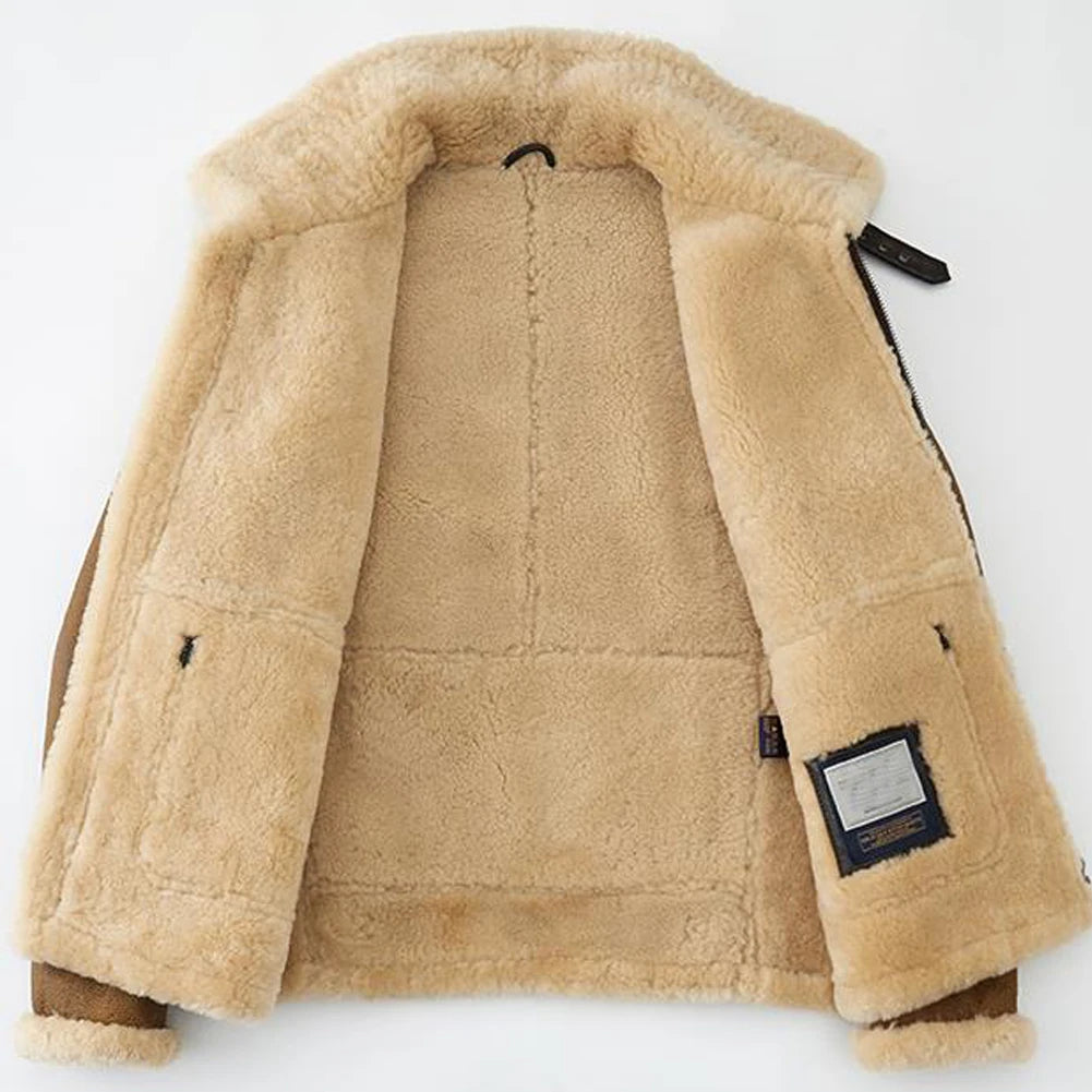 Denny&Dora Men's Vintage Brown Sheepskin Leather Jacket B3 Bomber Pilots Coat Fur Collar Flying Jacket