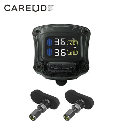 Careud TPMS Wireless Motorcycle Tire Pressure Monitoring System with 2 Internal/External Sensors LED Display USB Charge
