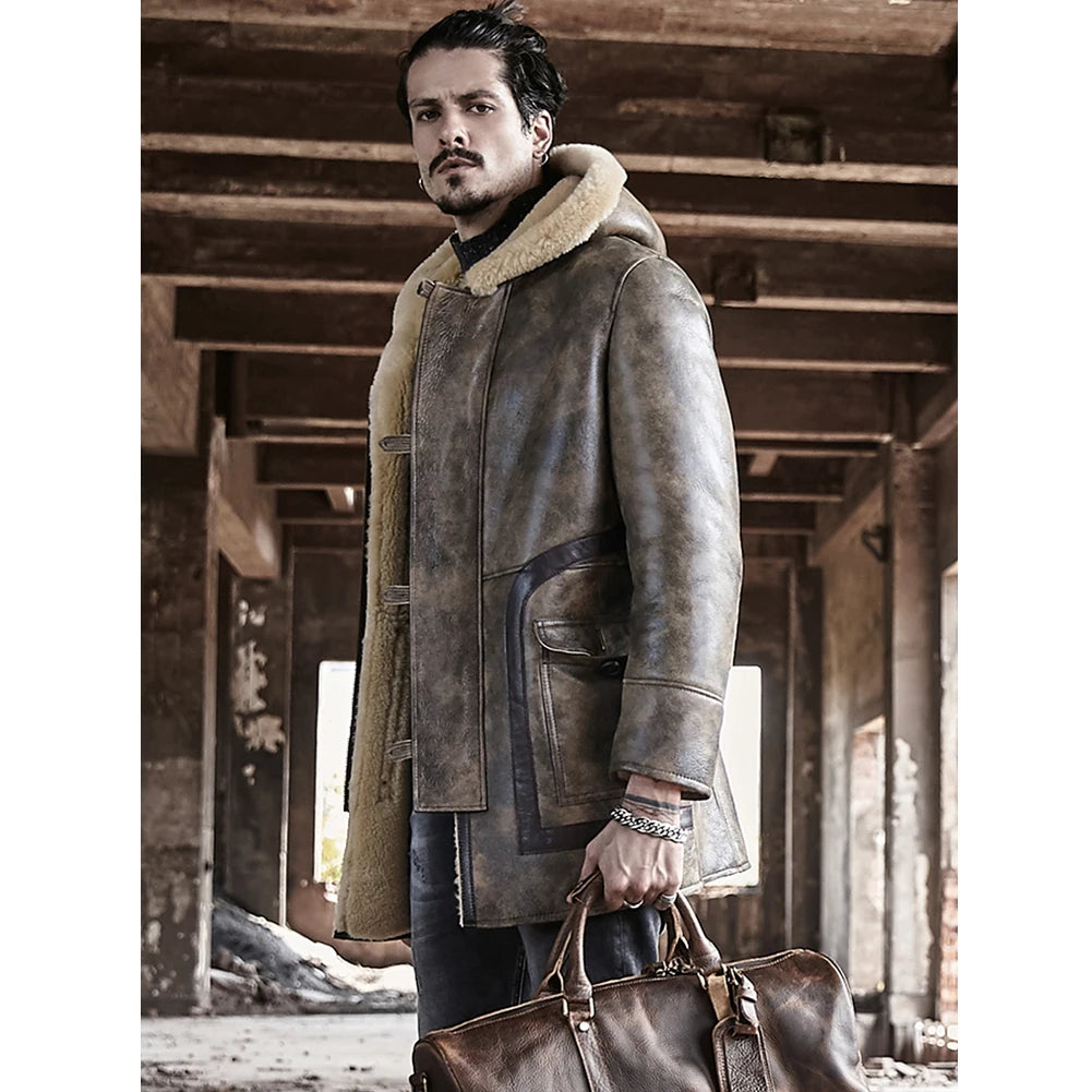 Denny&Dora Men's Long Shearling Jacket Sheepskin Hooded Fur Coat Thick Winter Leather Coat for Men