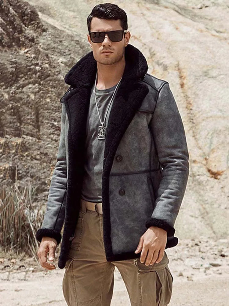 Denny&Dora Men's B3 Shearling Jacket Long Winter Leather Coat Gray Warm Casual Outerwear for Men
