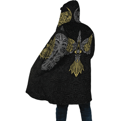 2023 Winter Mens Cloak Huginn Ravens of Midgard Gold 3D Printing Fleece Hooded cloak Unisex Casual Thick Warm Cape coat PF39