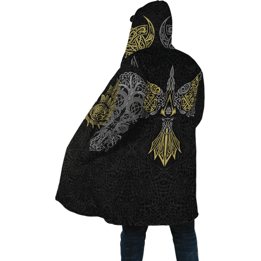 2023 Winter Mens Cloak Huginn Ravens of Midgard Gold 3D Printing Fleece Hooded cloak Unisex Casual Thick Warm Cape coat PF39