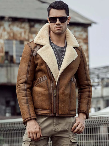 Denny&Dora Men's Brown Leather B3 Shearling Flight Jacket Short Fur Motorcycle Parkas Fashion Overcoat