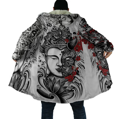 Drop shipping Winter Mens Cloak Samurai Oni Mask Tattoo 3D Printing Fleece Hooded cloak Unisex Casual Thick Warm Cape coat PF31
