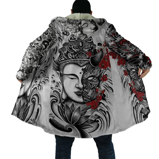 Drop shipping Winter Mens Cloak Samurai Oni Mask Tattoo 3D Printing Fleece Hooded cloak Unisex Casual Thick Warm Cape coat PF31