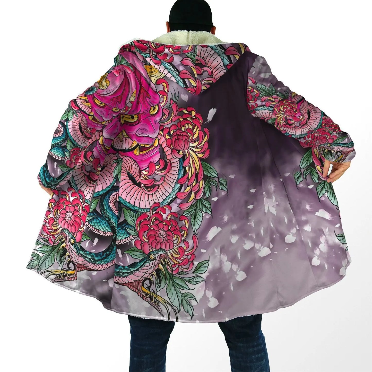 Drop shipping Winter Mens Cloak Samurai Oni Mask Tattoo 3D Printing Fleece Hooded cloak Unisex Casual Thick Warm Cape coat PF31