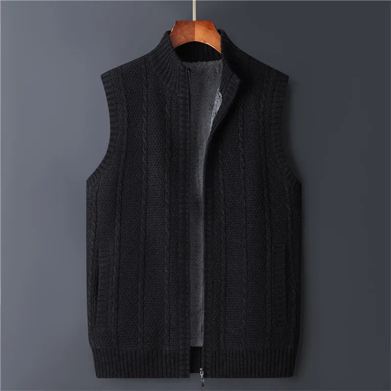 Winter Vest Men Sweater Zipper Warm Thick Male Cardigan Clothing Fleece Wool Liner  Sleeveless Jackets Vintage Black Red