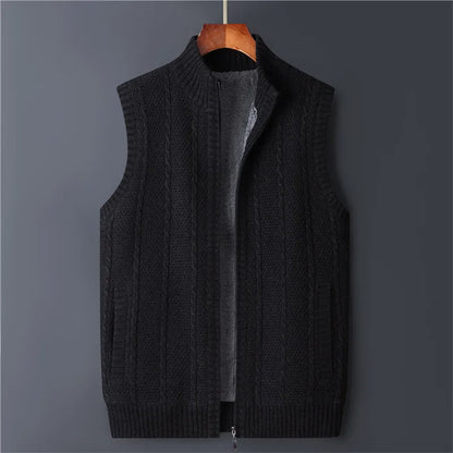 Winter Vest Men Sweater Zipper Warm Thick Male Cardigan Clothing Fleece Wool Liner  Sleeveless Jackets Vintage Black Red