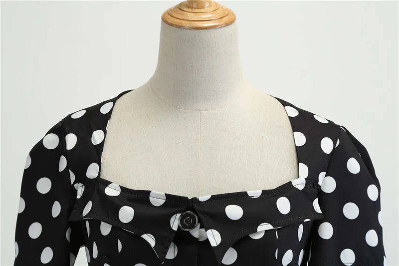 Women's Polka Dot Summer Midi Dress Square Collar Short Sleeve Elegant Vintage Casual Party Holiday Wear