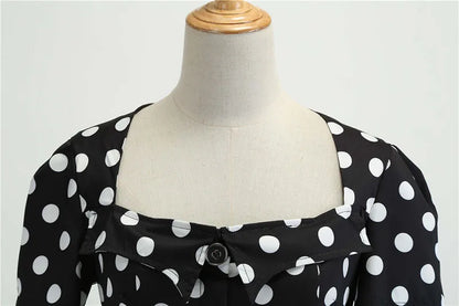 Women's Polka Dot Summer Midi Dress Square Collar Short Sleeve Elegant Vintage Casual Party Holiday Wear