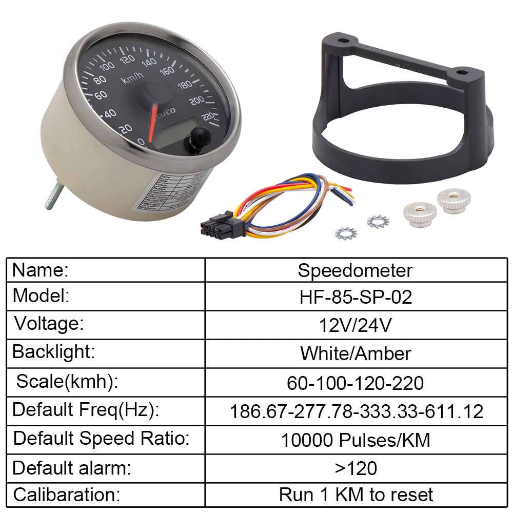 Universal 85mm Speedometer 220km/h Speed Meter Gauge Odometer With White/Amber Backlight 12V/24V With LCD For Car Truck Boat