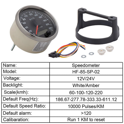 Universal 85mm Speedometer 220km/h Speed Meter Gauge Odometer With White/Amber Backlight 12V/24V With LCD For Car Truck Boat