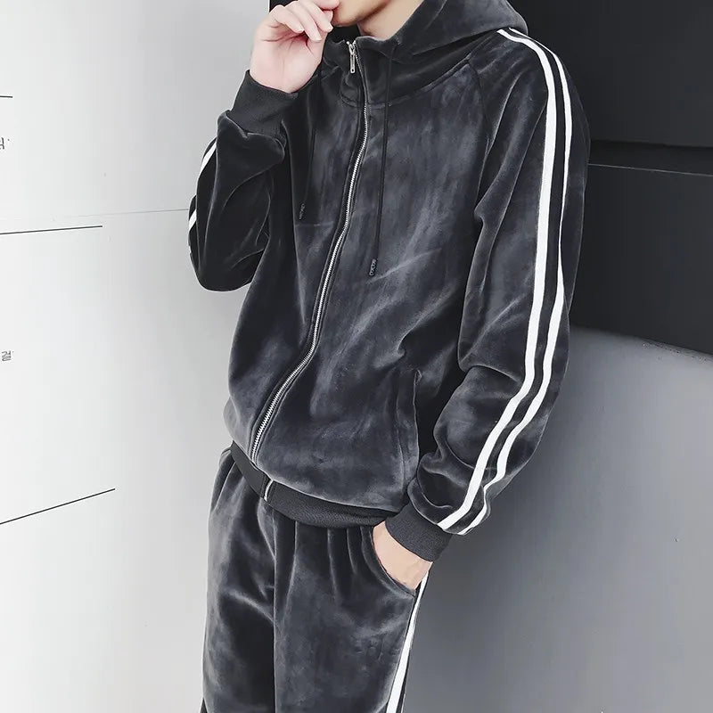 Fashion Sets Mens Autumn Winter Hooded Casual Sportswear Sweatpants New Running Pants Korean Style Vintage Male Two-Piece Suit