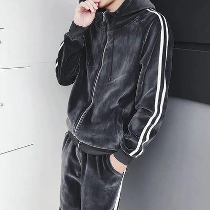 Fashion Sets Mens Autumn Winter Hooded Casual Sportswear Sweatpants New Running Pants Korean Style Vintage Male Two-Piece Suit