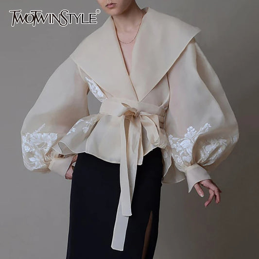TWOTWINSTYLE Vintage Organza Women Blouse Lapel Collar Lace Up Bow Lantern Long Sleeve Hit Color Shirt Female Fashion 2020