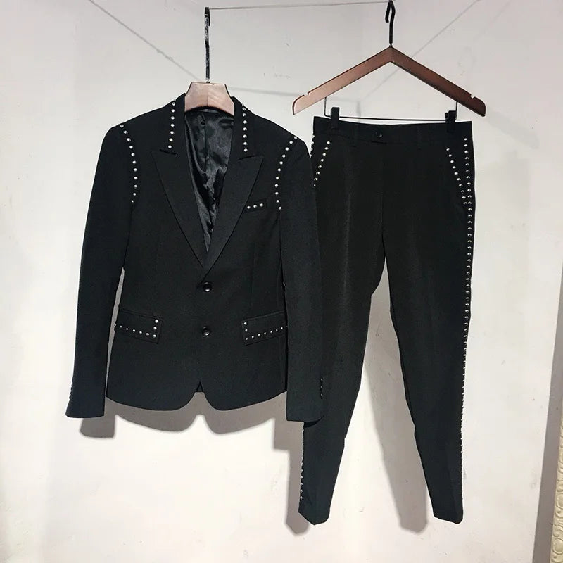 Suit Jacket Set Men England Style Black Single Breasted Slim Fit Blazer Pants Two Piece Set Fashion Night Club Rivets Coat