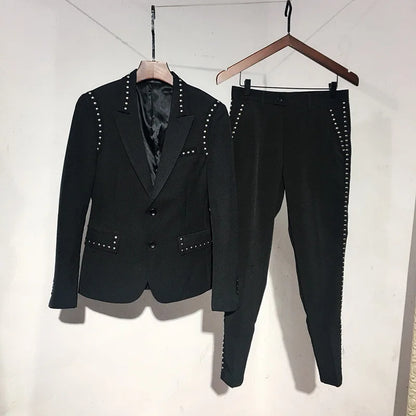 Suit Jacket Set Men England Style Black Single Breasted Slim Fit Blazer Pants Two Piece Set Fashion Night Club Rivets Coat