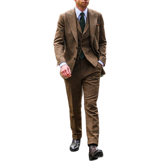 Costume Homme 3 Pieces Plaid British Style Men Suits Tailor-Made Gray Fashion Groom Tuxedos Wedding Coat Fashion Causal Prom