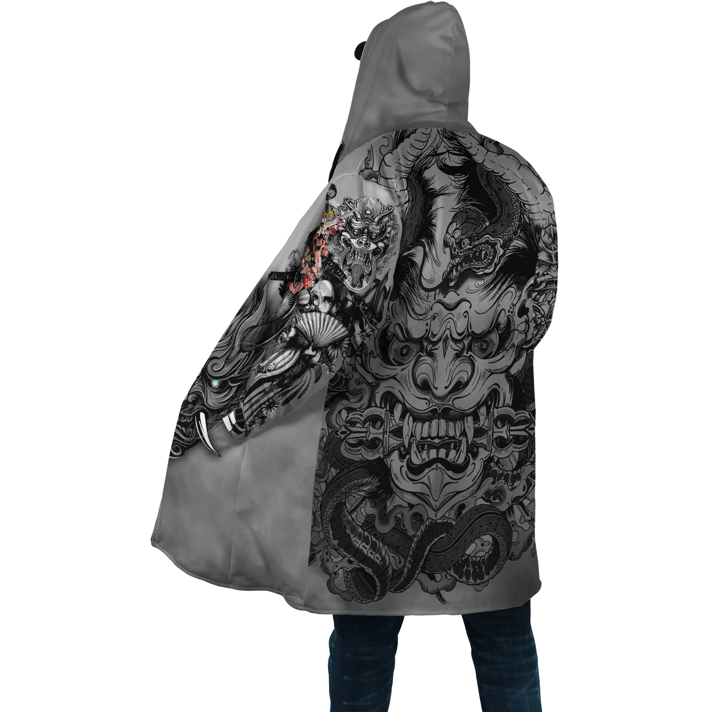 2024 winter Mens Hooded cloak Samurai Oni Mask Tattoo 3D Printing Fleece wind breaker Unisex Casual Warm Hood cloak PF04