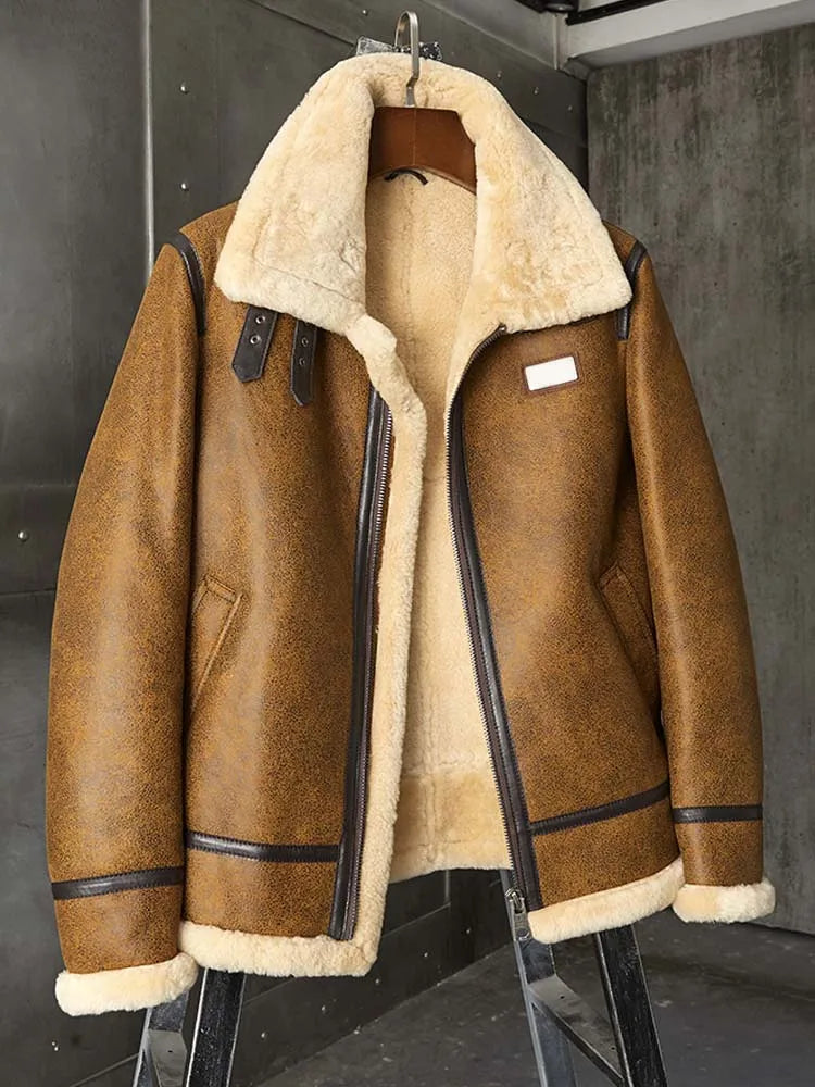Denny&Dora Men's Brown Leather Shearling Bomber Jacket B3 Winter Parka Fur Coat Natural Sheepskin Outerwear for Cold Weather