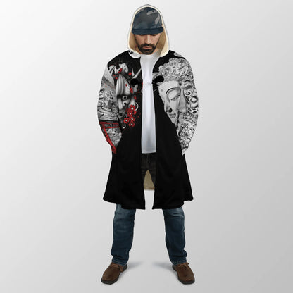 2024 winter Mens Hooded cloak Samurai Oni Mask Tattoo 3D Printing Fleece wind breaker Unisex Casual Warm Hood cloak PF04