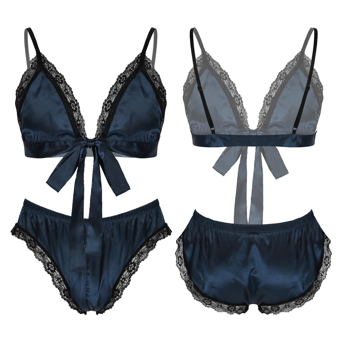 Men Satin Lingerie Suit Sissy Nightwear Sheer Mesh Patchwork Bra Tops with Briefs Thongs Exotic Sleepwear Gay Male Underwear