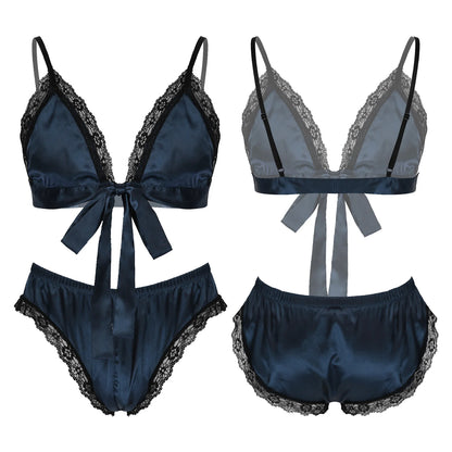 Men Satin Lingerie Suit Sissy Nightwear Sheer Mesh Patchwork Bra Tops with Briefs Thongs Exotic Sleepwear Gay Male Underwear