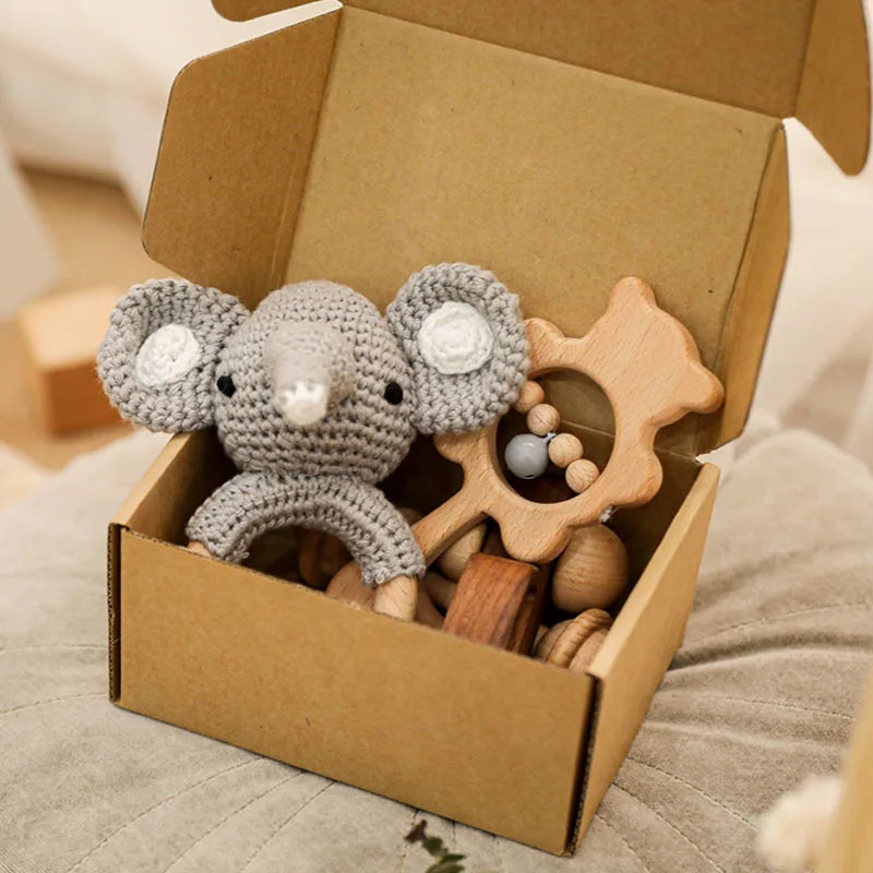 Let's Make 4pcs/set Wooden Rattle Sets Cartoon Animal Crochet Rattle Wood Car Block Soother Teether Set Montessori Toddler Toy