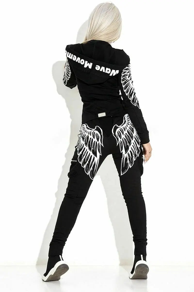Oshoplive 2025 New Autumn Winter Female Fashion Wing Printed Hooded Zipper Jackets & Elastic Waist Pants Sports Two Piece Set