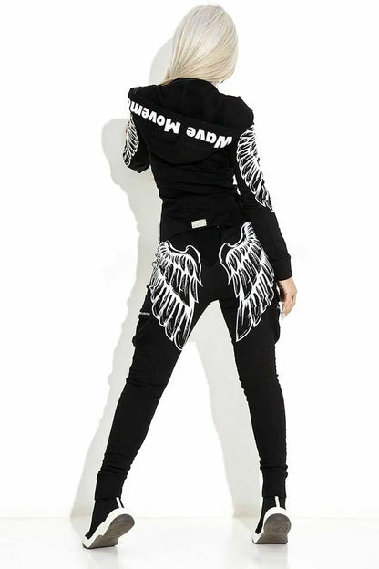 Oshoplive 2025 New Autumn Winter Female Fashion Wing Printed Hooded Zipper Jackets & Elastic Waist Pants Sports Two Piece Set